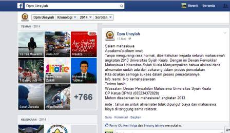 Postingan  DPM Unsyiah mengenai kejelasan pengadaan alamamater 2013. (Sumber:http/www.facebook.com/dpm.unsyiah.9?fref=ts).